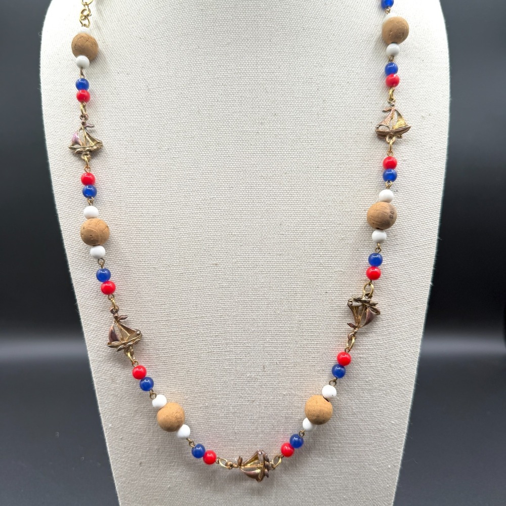 Long Nautical Sailboat Necklace Red Blue White Beads Cork Gold Tone Coastal
